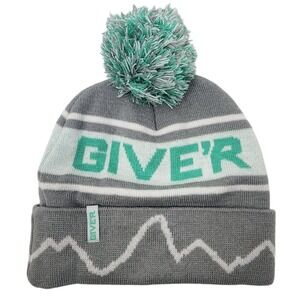 Giver Knit Pom Beanie Hat With Logo & Mountain Design Gray Mint Unisex Warm Cozy